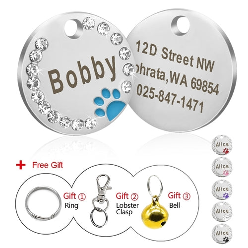 Dog ID Tag Customized Engraved Crystal Metal Pet