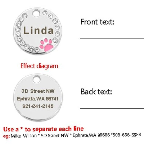 Dog ID Tag Customized Engraved Crystal Metal Pet